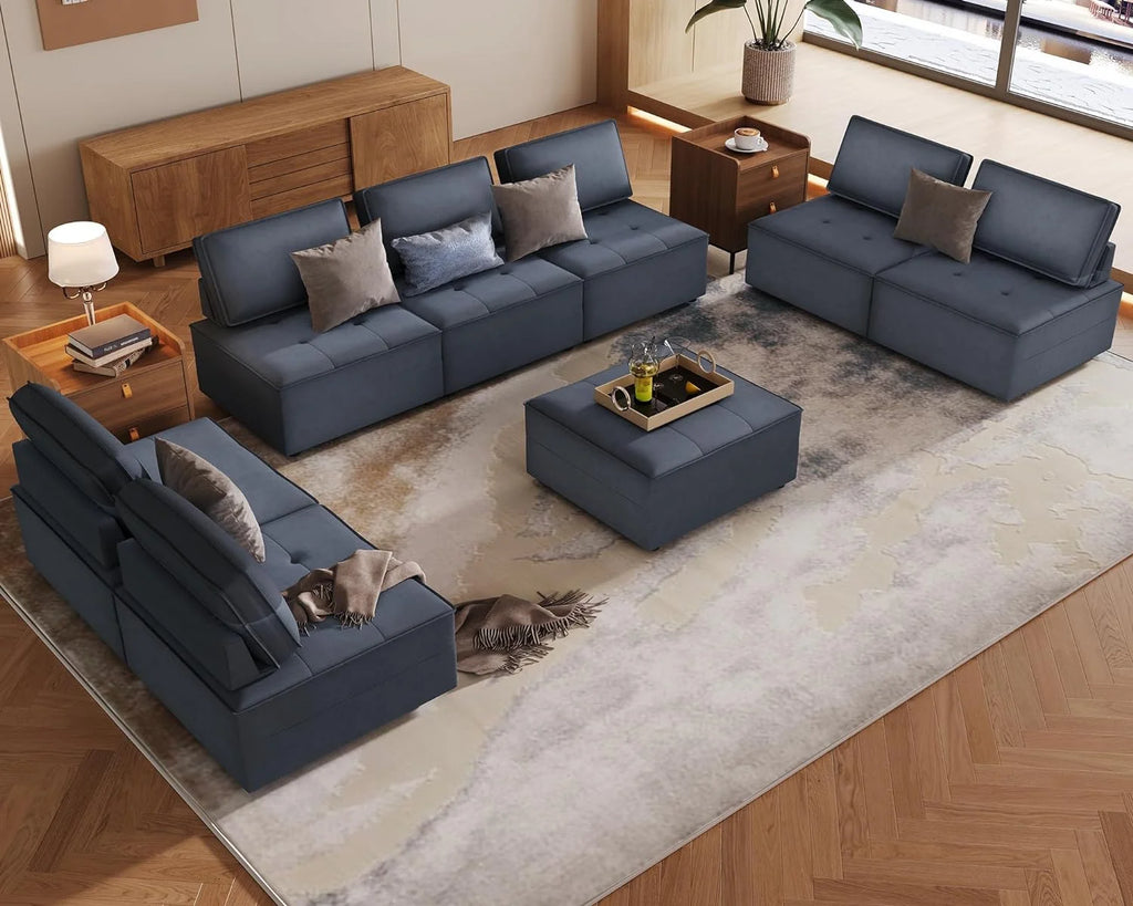 7 Seater Velvet Beige Sectional Sofa X83741