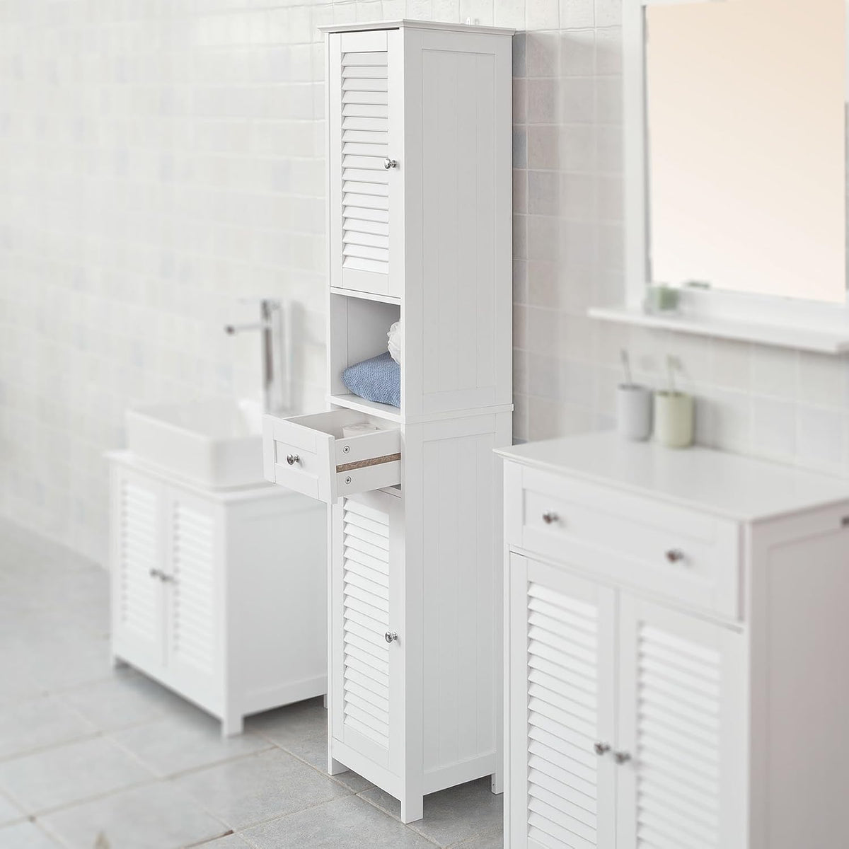 White Floor Standing Tall Bathroom Storage Cabinet with Shelves and Drawers V487323