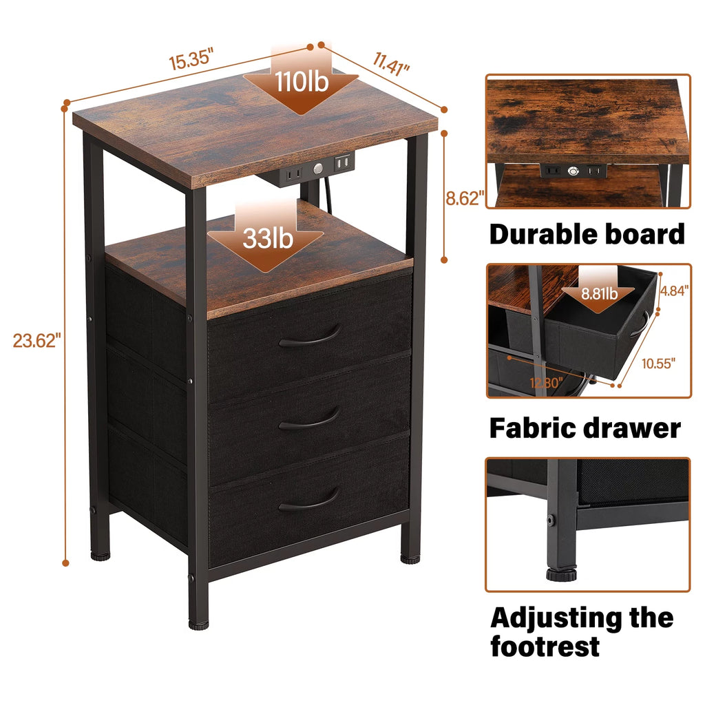 3-Tier Nightstand with Drawers and Charging Station G776