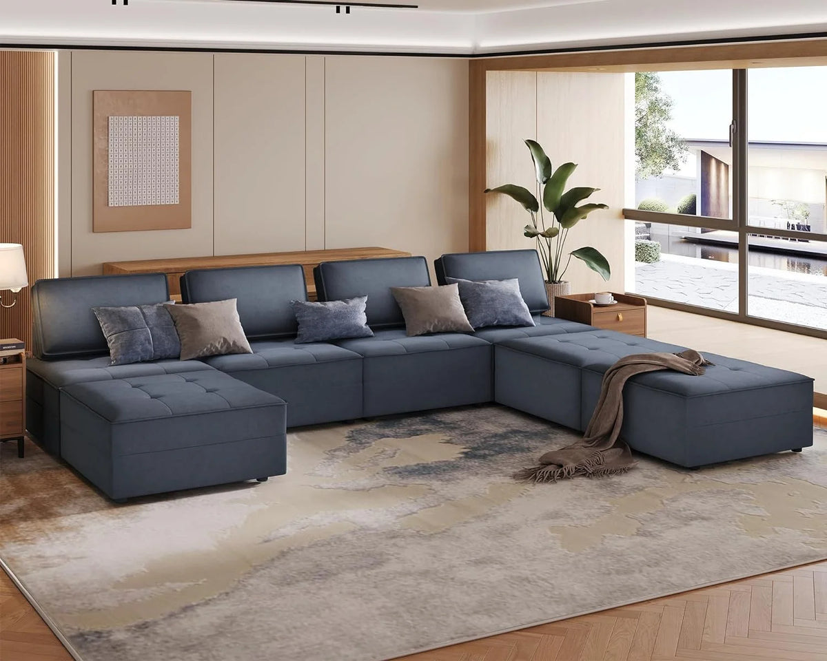 7 Seater Velvet Beige Sectional Sofa X83741