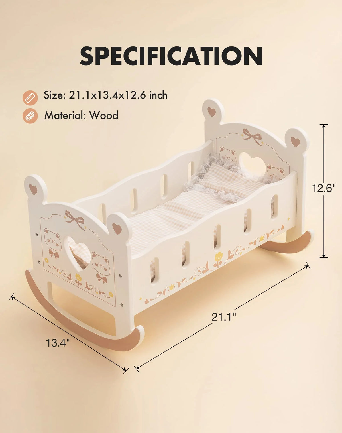 Wooden Doll Cradle with Bedding for 18 Inch Dolls J839