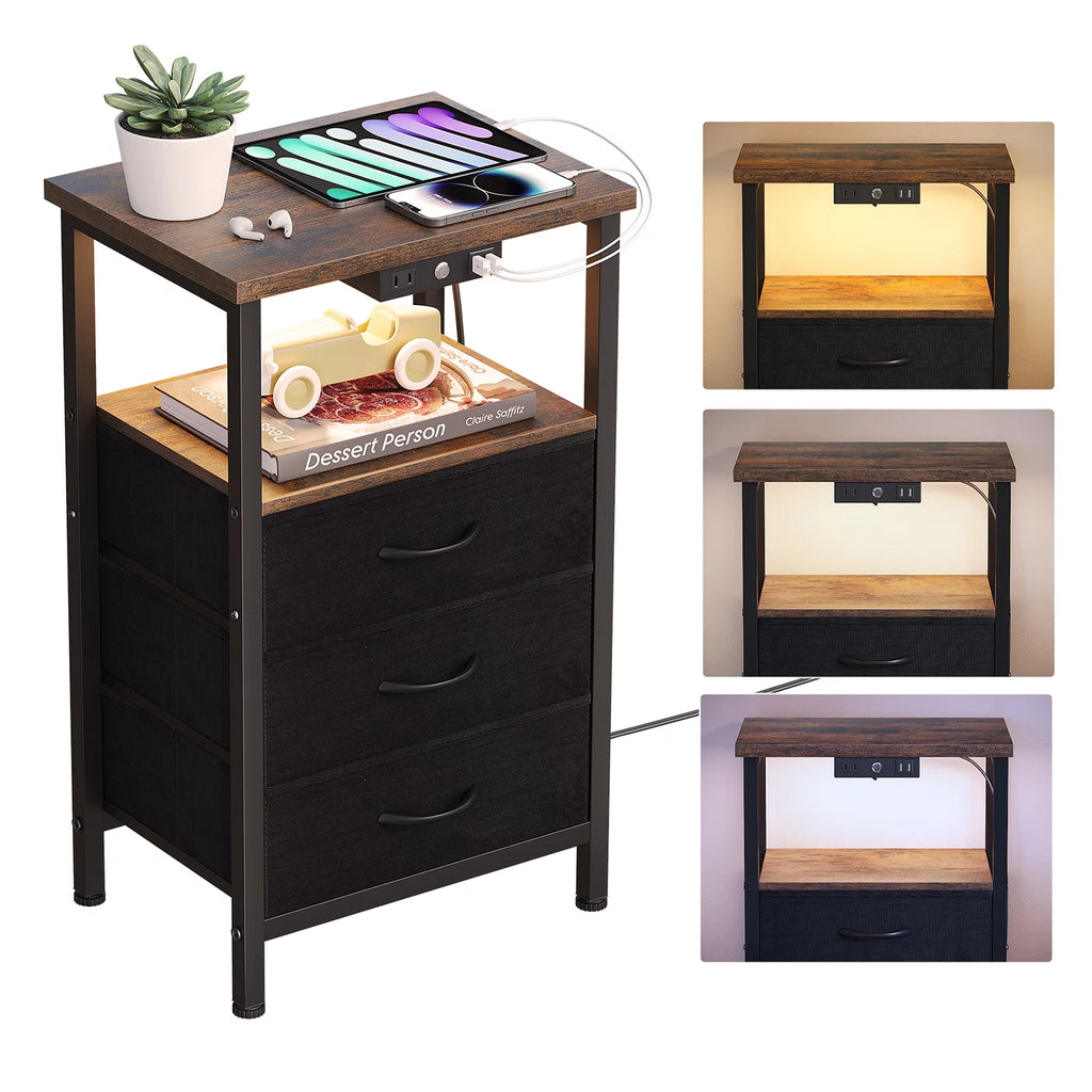 3-Tier Nightstand with Drawers and Charging Station G776