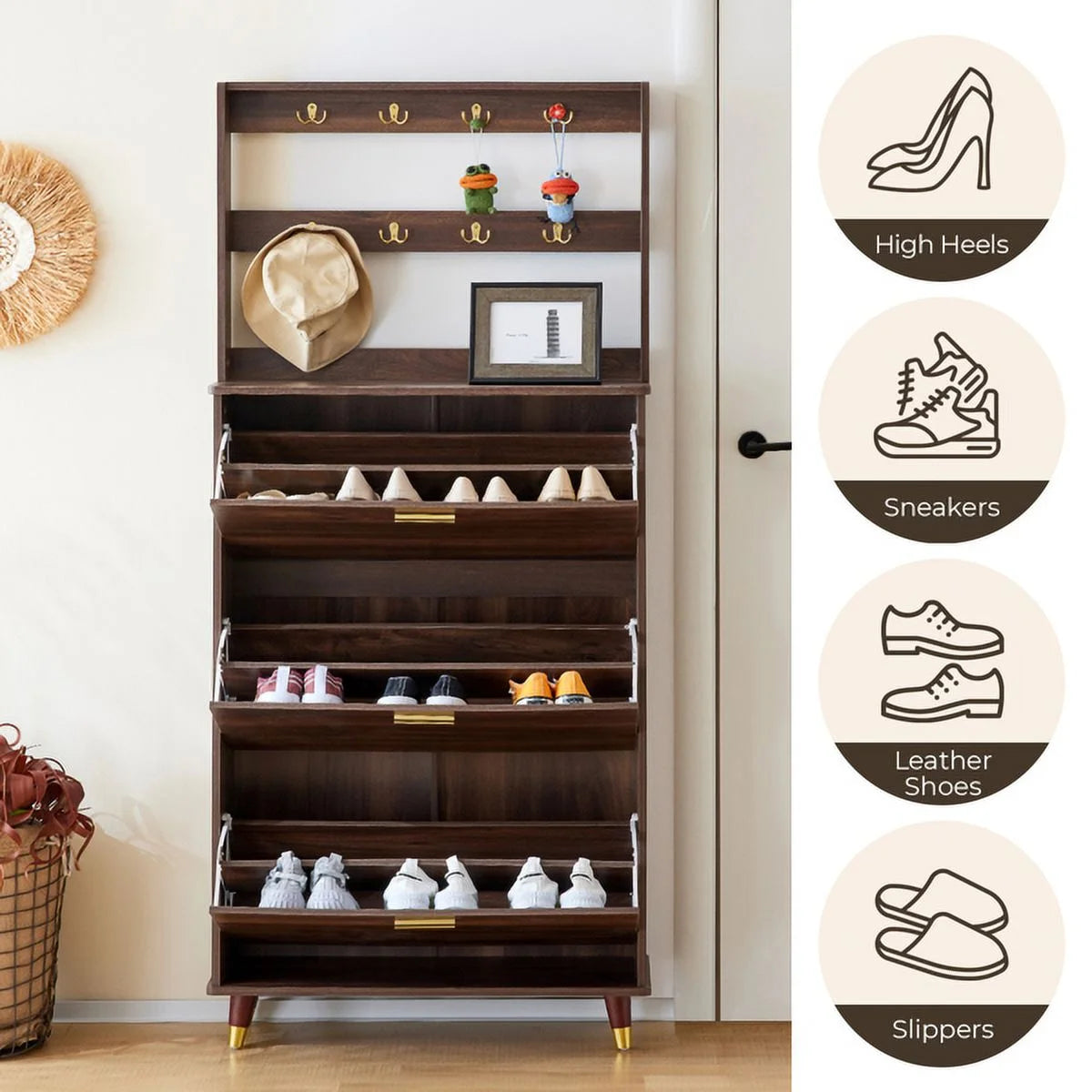 Brown Hall Tree with 12 Hooks & 3 Shoe Cabinets Y435805