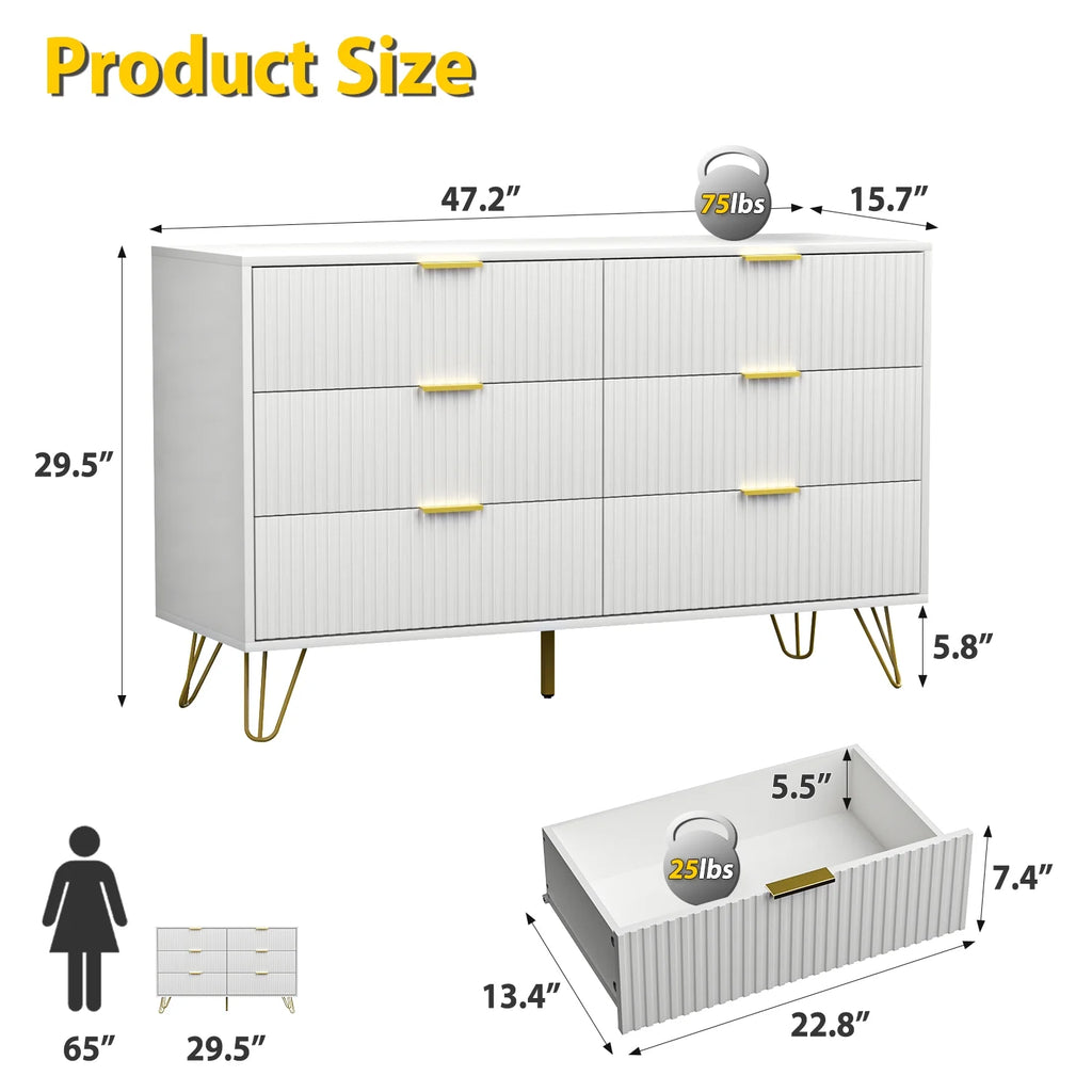 White 6 Drawer Dresser with Gold Handles P319698