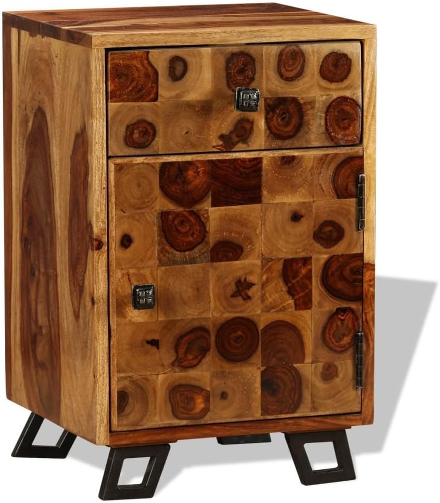 Solid Sheesham Wood Nightstand with Iron Legs and Storage Drawer I842