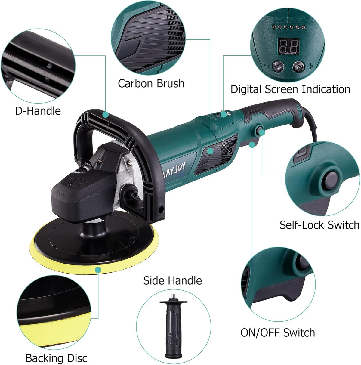 Rotary Car Polisher with 6” and 7“ Backing Plate, 4 Foam Pads I5303