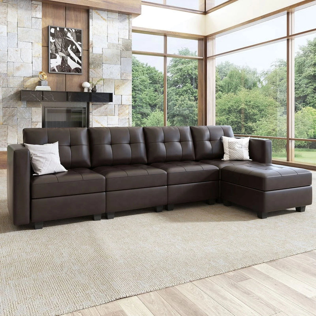 Brown Faux Leather L-Shaped Sectional Sofa with Storage G667