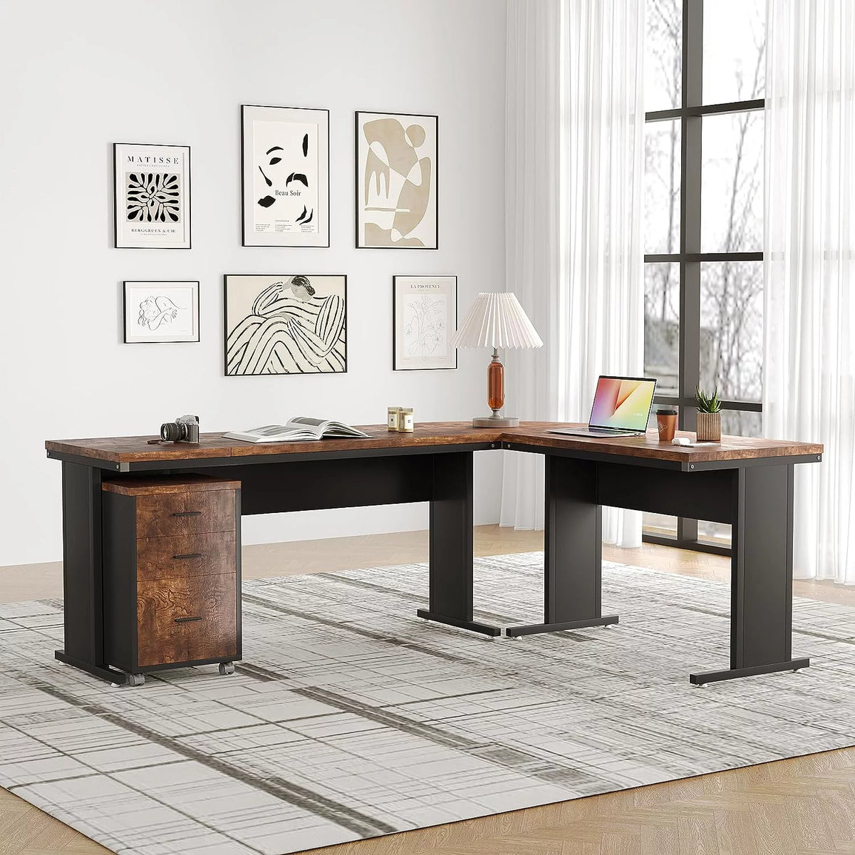 83" L-Shaped Executive Desk with 3-Drawer File Cabinet P5448