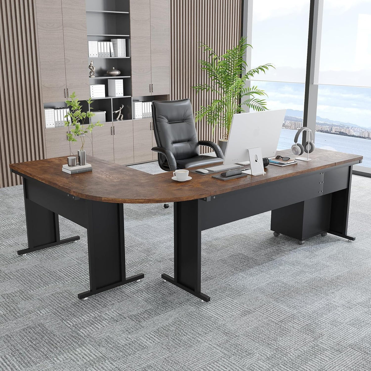 83" L-Shaped Executive Desk with 3-Drawer File Cabinet P5448