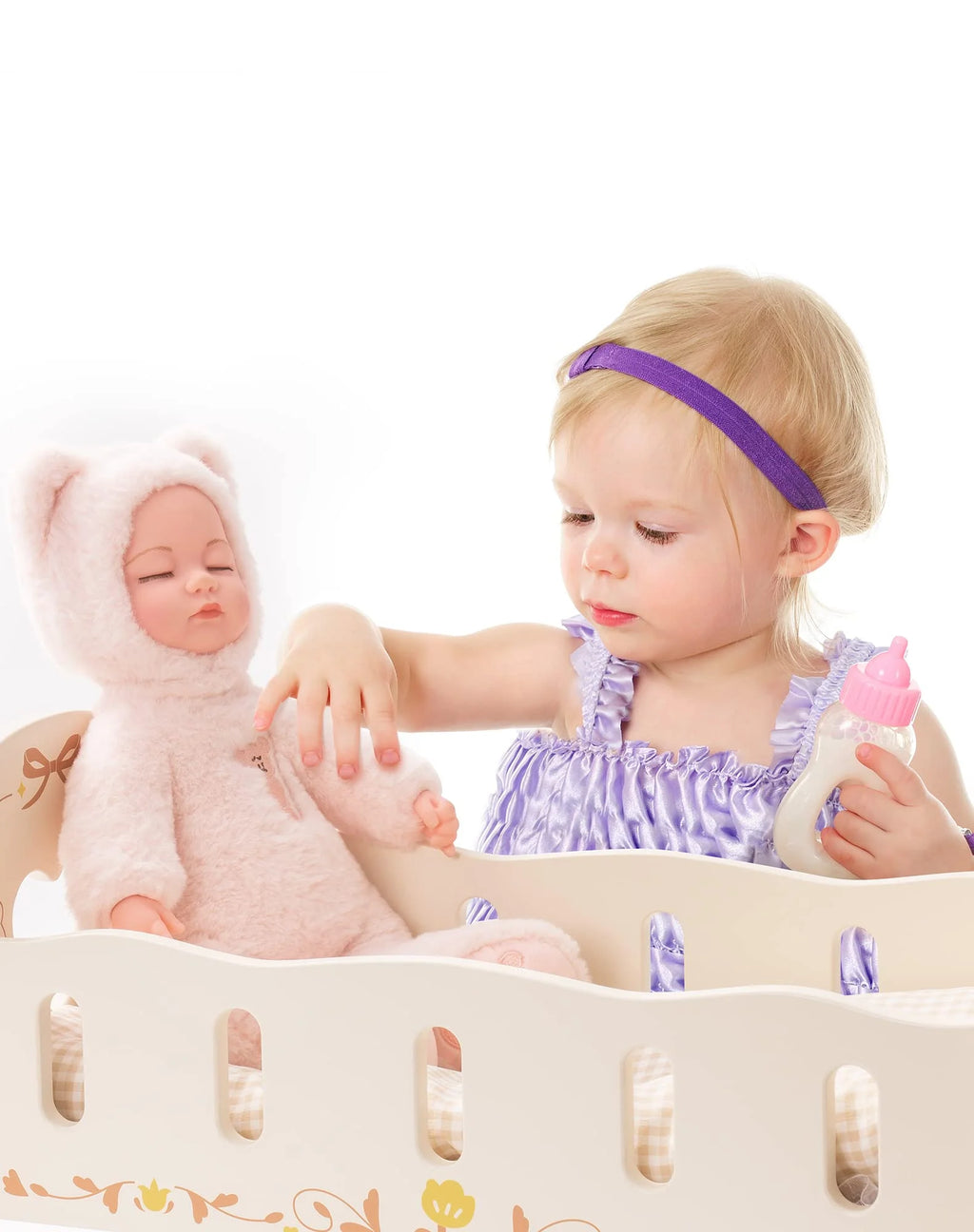 Wooden Doll Cradle with Bedding for 18 Inch Dolls J839