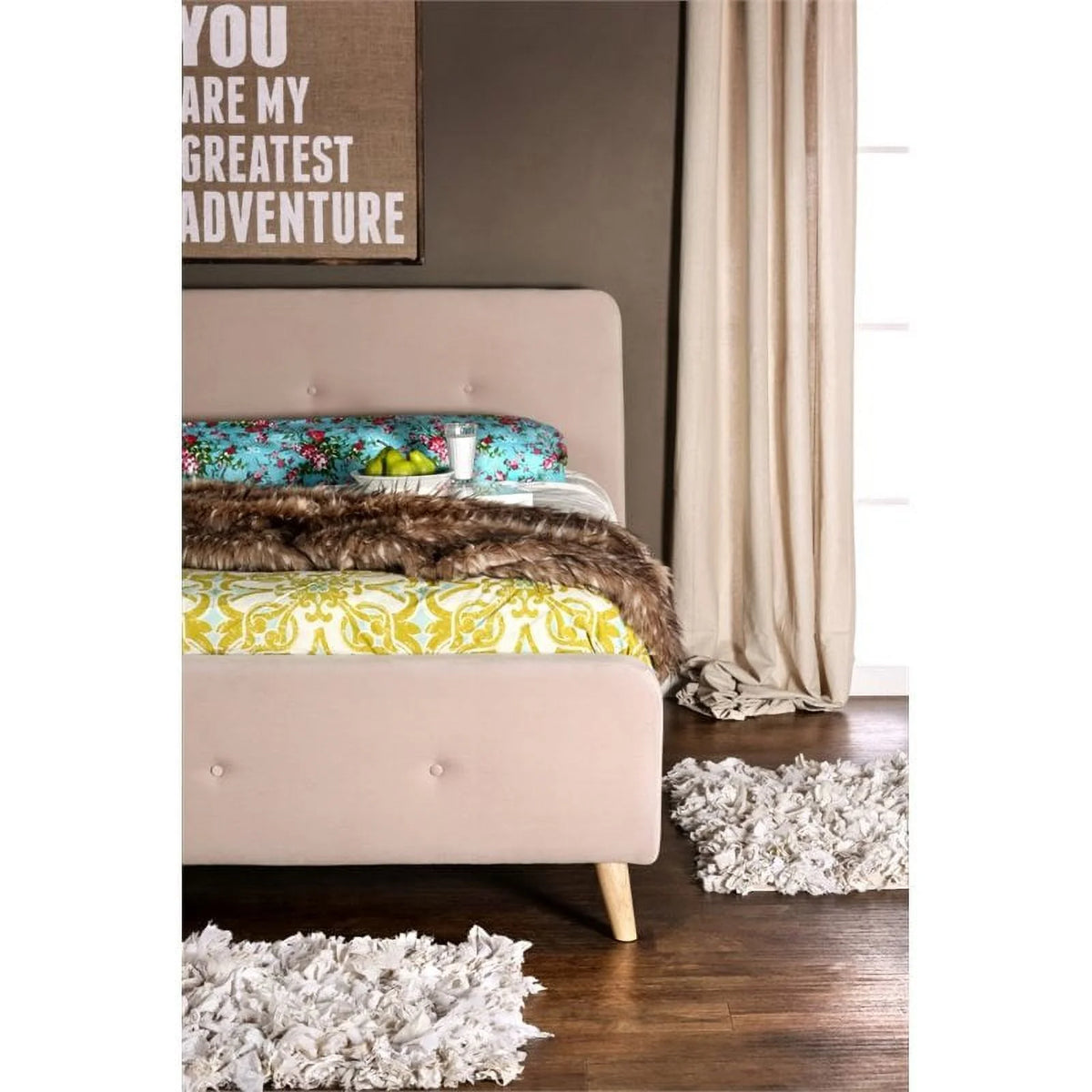 Beige Chenille Upholstered Queen Platform Bed W800413
