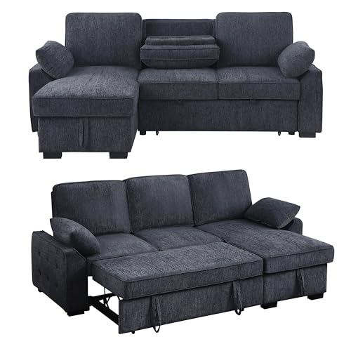 86 Inch Chenille L Shaped Sleeper Sectional Sofa with Storage Chaise A906