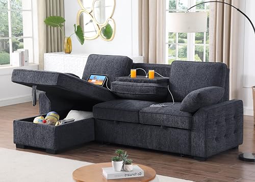 86 Inch Chenille L Shaped Sleeper Sectional Sofa with Storage Chaise A906
