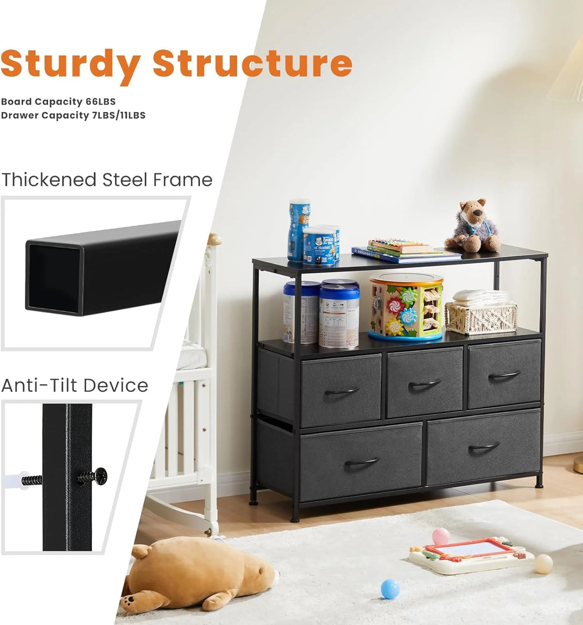5 Fabric Drawer Dresser with Wood Top and Steel Frame G801531