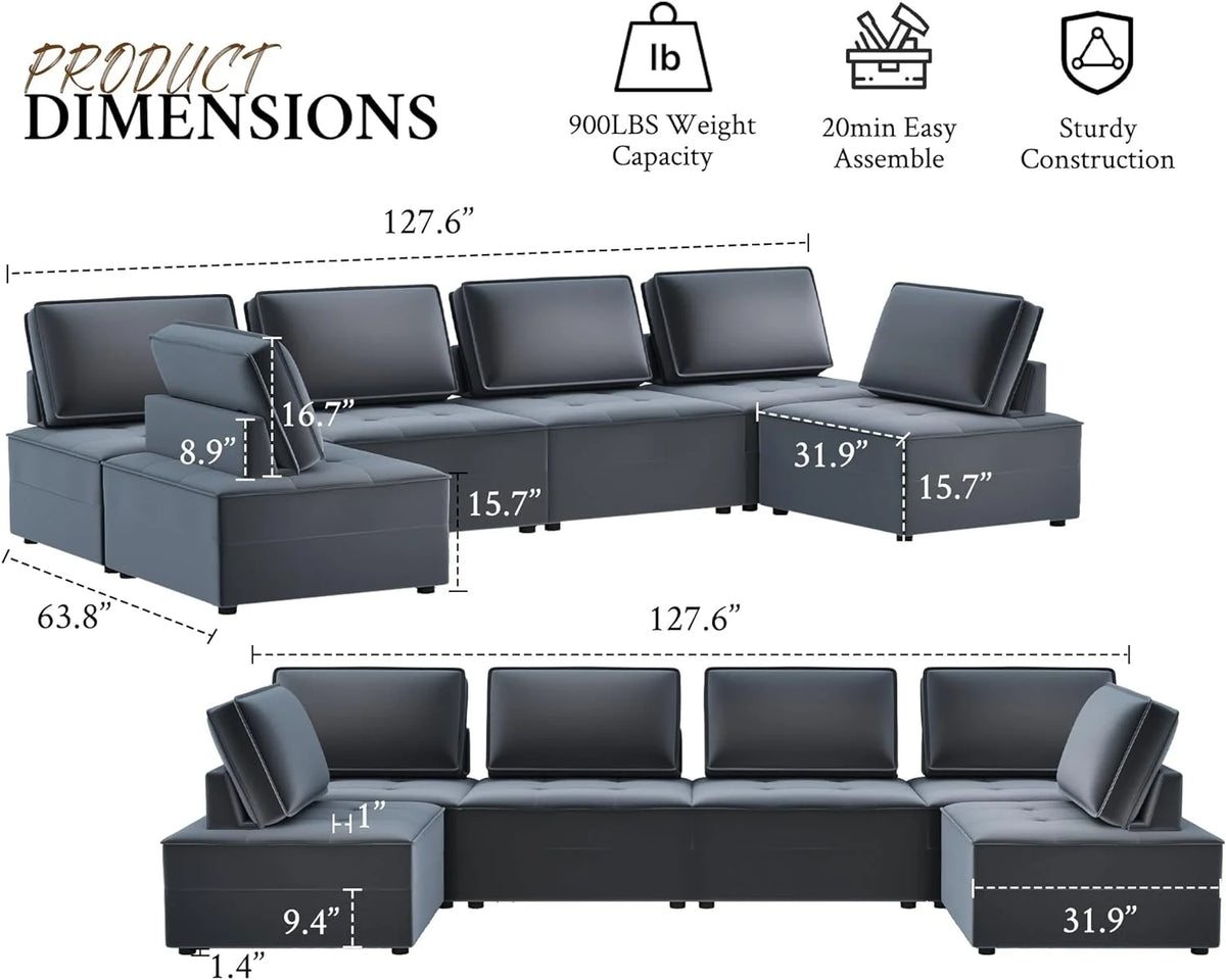 7 Seater Velvet Beige Sectional Sofa X83741