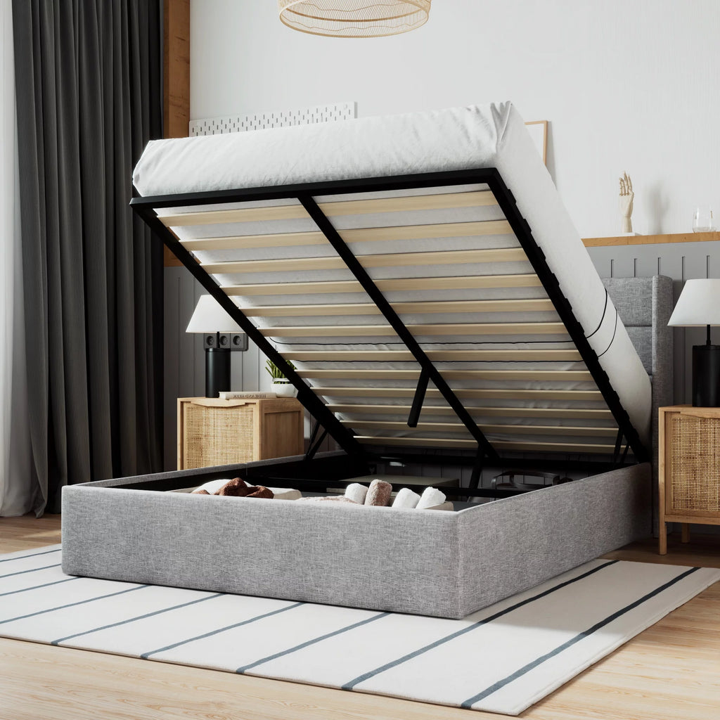 Beige Queen Size Lift Up Platform Bed Frame with Headboard I891821