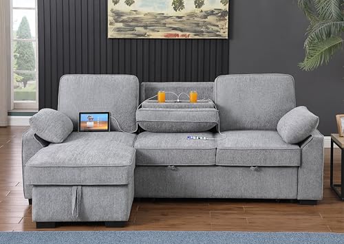 86 Inch Chenille L Shaped Sleeper Sectional Sofa with Storage Chaise A906