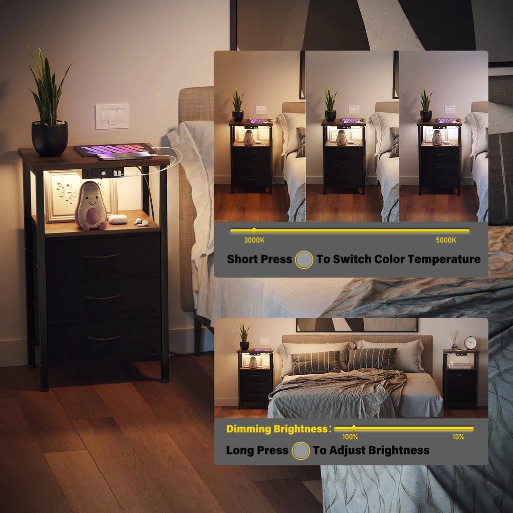 3-Tier Nightstand with Drawers and Charging Station G776