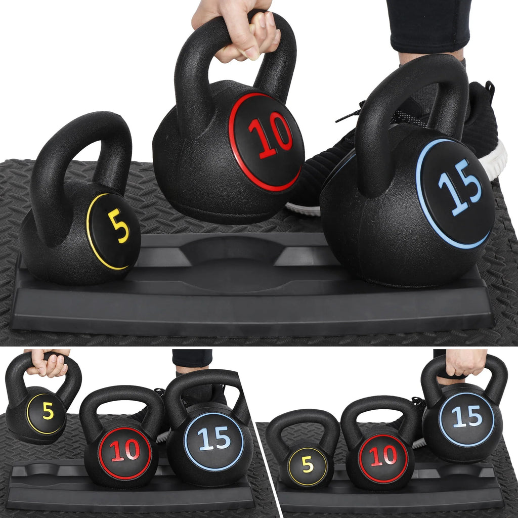 3 Piece 5lb 10lb 15lb Kettlebell Set with Storage Rack F702283