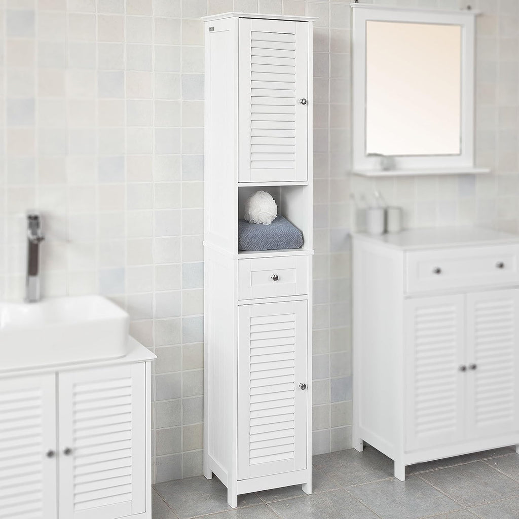 White Floor Standing Tall Bathroom Storage Cabinet with Shelves and Drawers V487323
