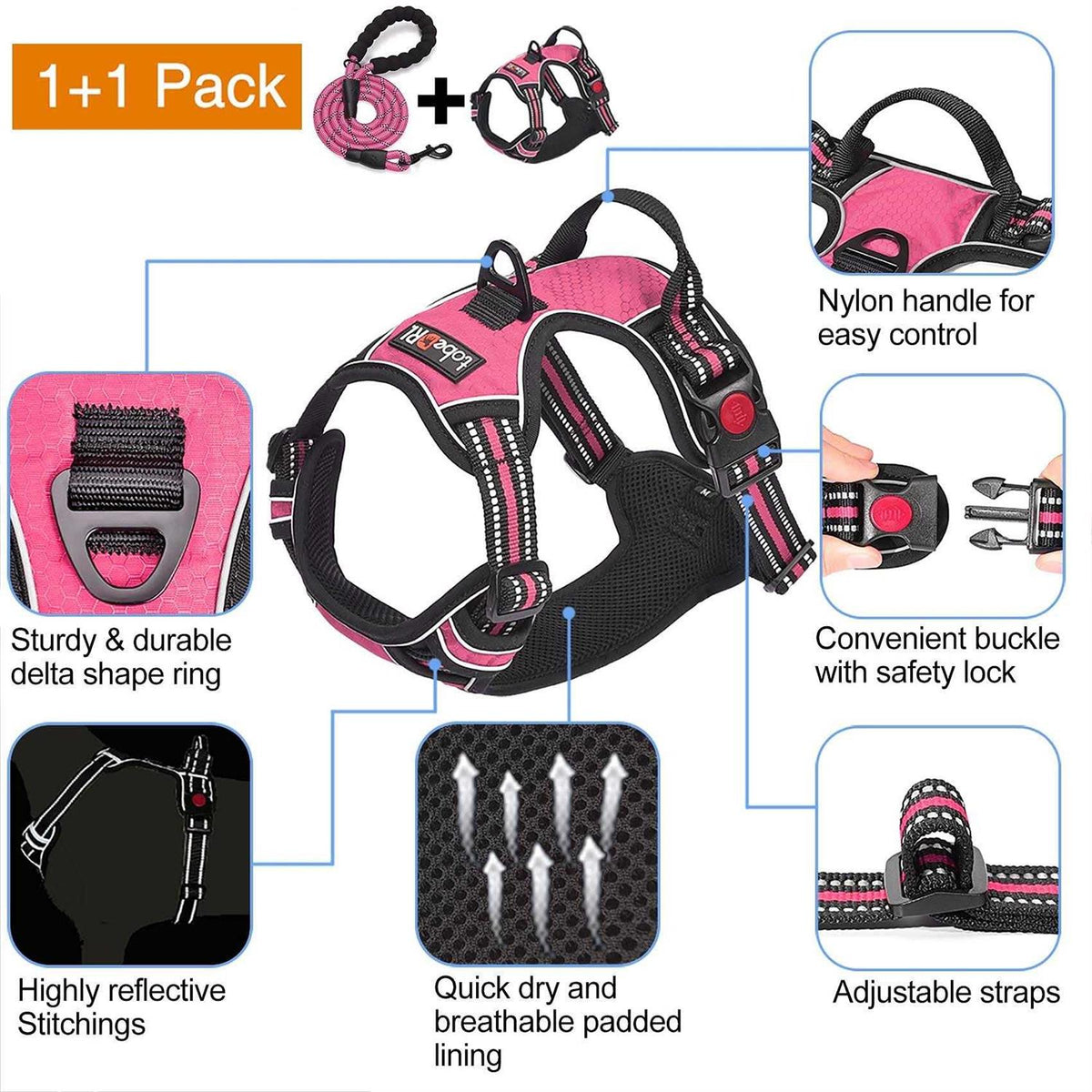 Adjustable Reflective Oxford Dog Harness with 5ft Dog Leash M28036