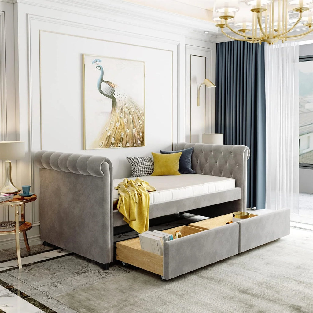 Grey Upholstered Daybed with Storage Drawers C992