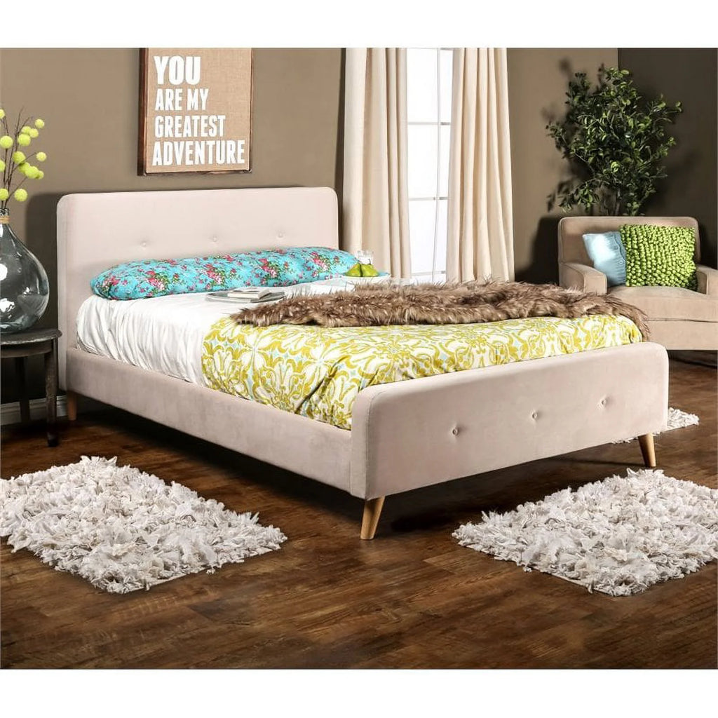 Beige Chenille Upholstered Queen Platform Bed W800413