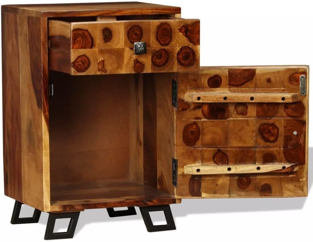 Solid Sheesham Wood Nightstand with Iron Legs and Storage Drawer I842