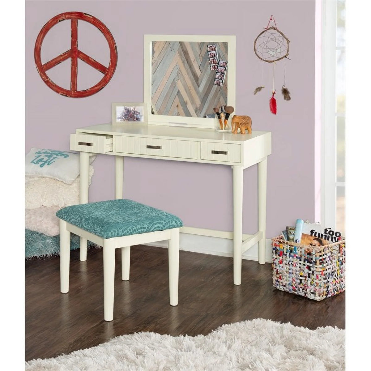 Off-White 3-Drawer Vanity Set with Green Swirl Upholstered Stool N711548